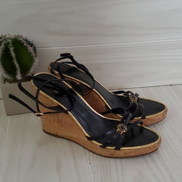 Coach Shoes - Coach Black Cork Ankle Strap Wedges